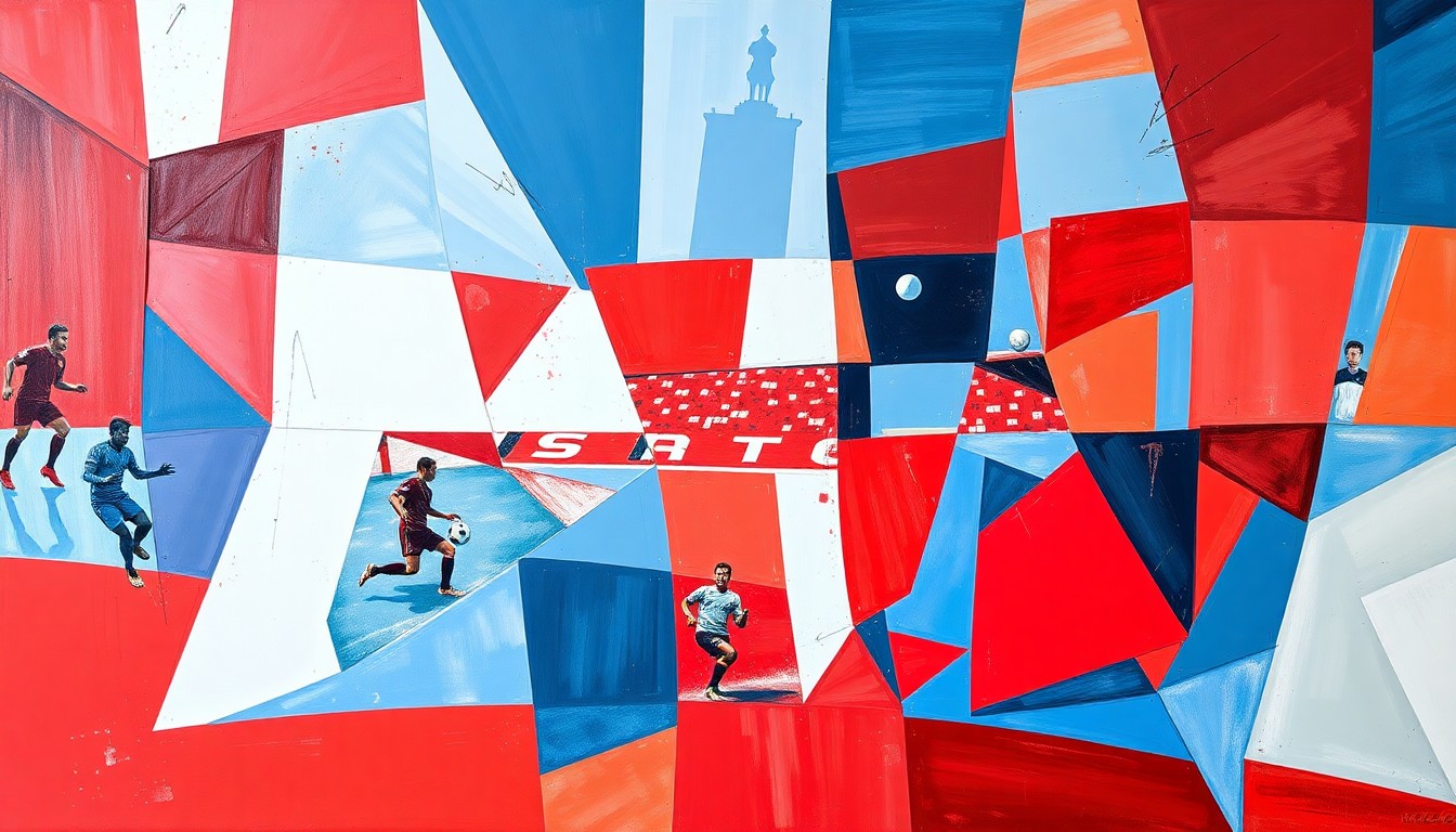 A cubist, geometric painting depicting a fragmented soccer match, with overlapping planes of red, white, and blue, conceptually representing the drama and controversy surrounding the breakup of a high-profile sports couple.