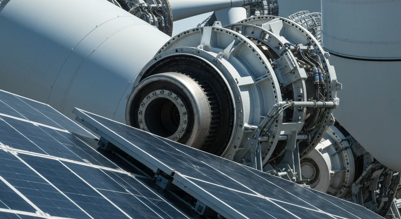 An extreme close-up of heavy, industrial machinery and equipment used in renewable energy infrastructure, conveying a sense of scale, power, and technical complexity without any text or identifiable branding.