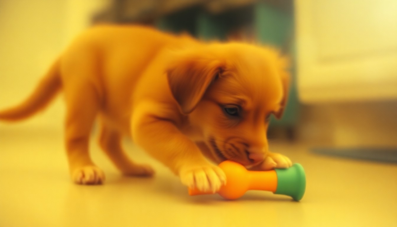 An abstract, impressionistic scene of a puppy playing with a chew toy, captured in a soft, hazy, and out-of-focus manner that evokes a sense of warmth and comfort.