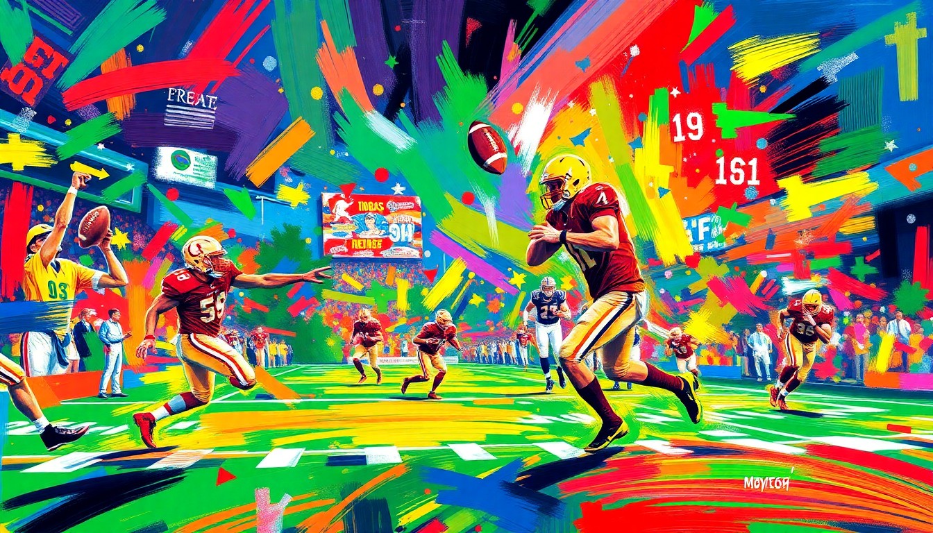 An abstract painting featuring bold, neon-colored brushstrokes that convey the dynamic movement and intensity of a college football game.