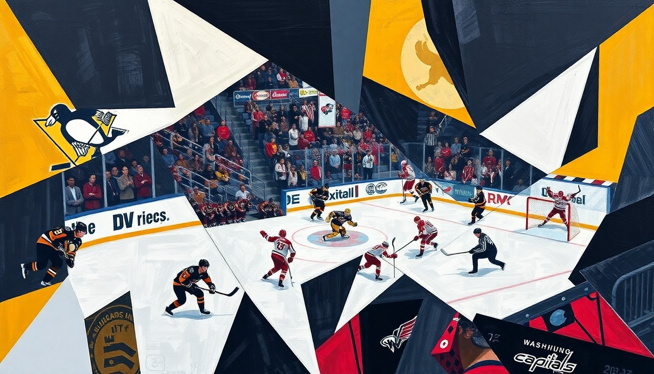 A fragmented, geometric painting depicting a hockey game with players and the puck represented as overlapping angular shapes in a variety of colors, conceptually illustrating the competitive clash between the two teams.