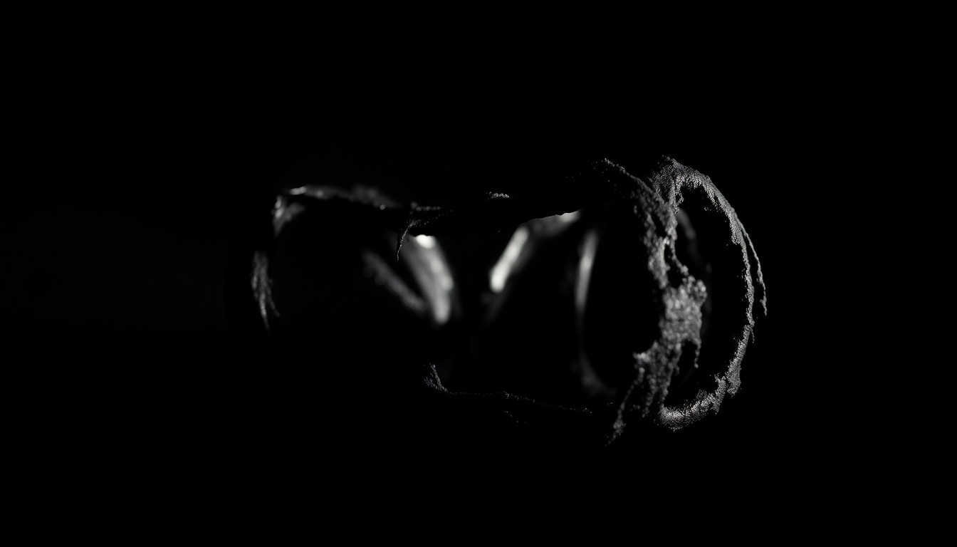 An extreme close-up photograph of a charred, twisted metal object from the aftermath of a house fire, conveying a stark, gritty, investigative aesthetic.