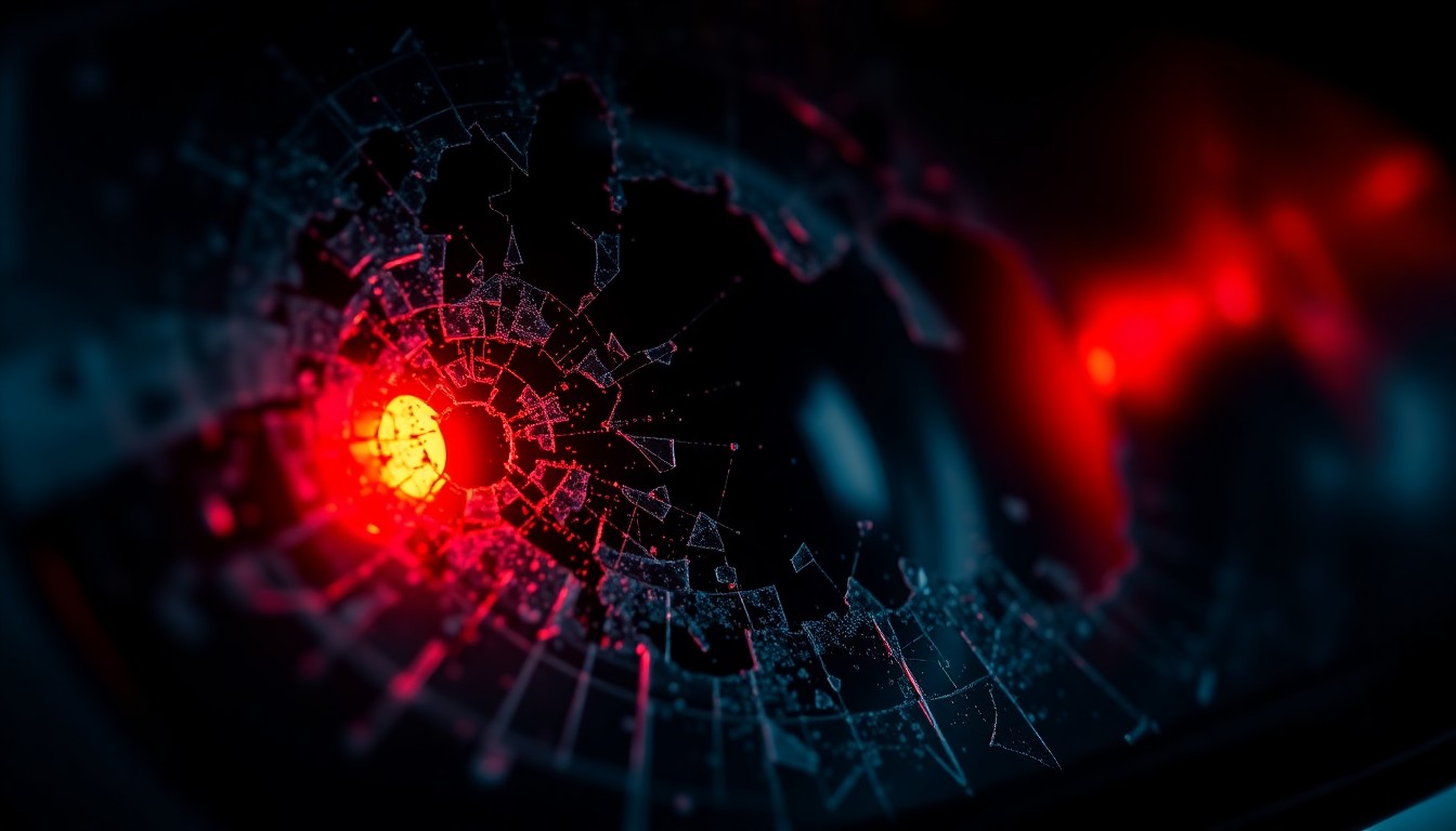 An extreme close-up of a shattered car sensor lens reflecting a faint red light, conceptually illustrating the impact of viral misinformation and unverified social media claims.