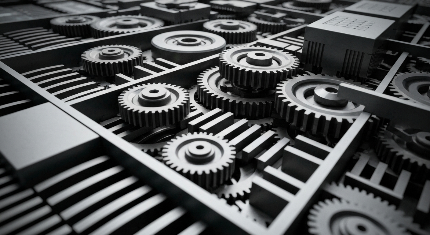 An extreme close-up of the inner workings of a bond trading terminal, with gears, circuits, and metallic components filling the frame in a dramatic, cinematic style that conveys the complex financial infrastructure behind long-term bond investments.