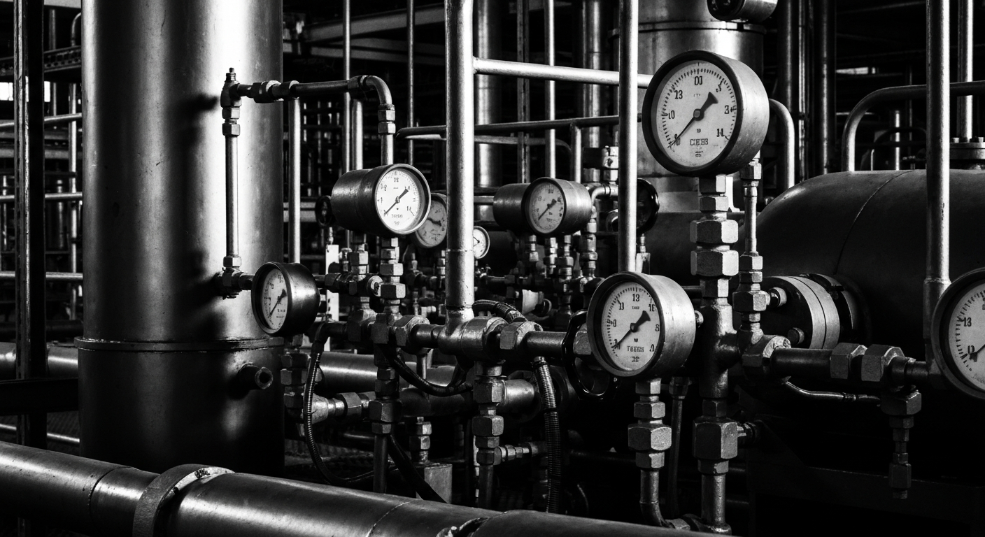 A high-contrast, macro-level photograph of the inner workings of an industrial gas production plant, capturing the mechanical complexity and scale of the equipment used to manufacture and distribute specialized chemical products.