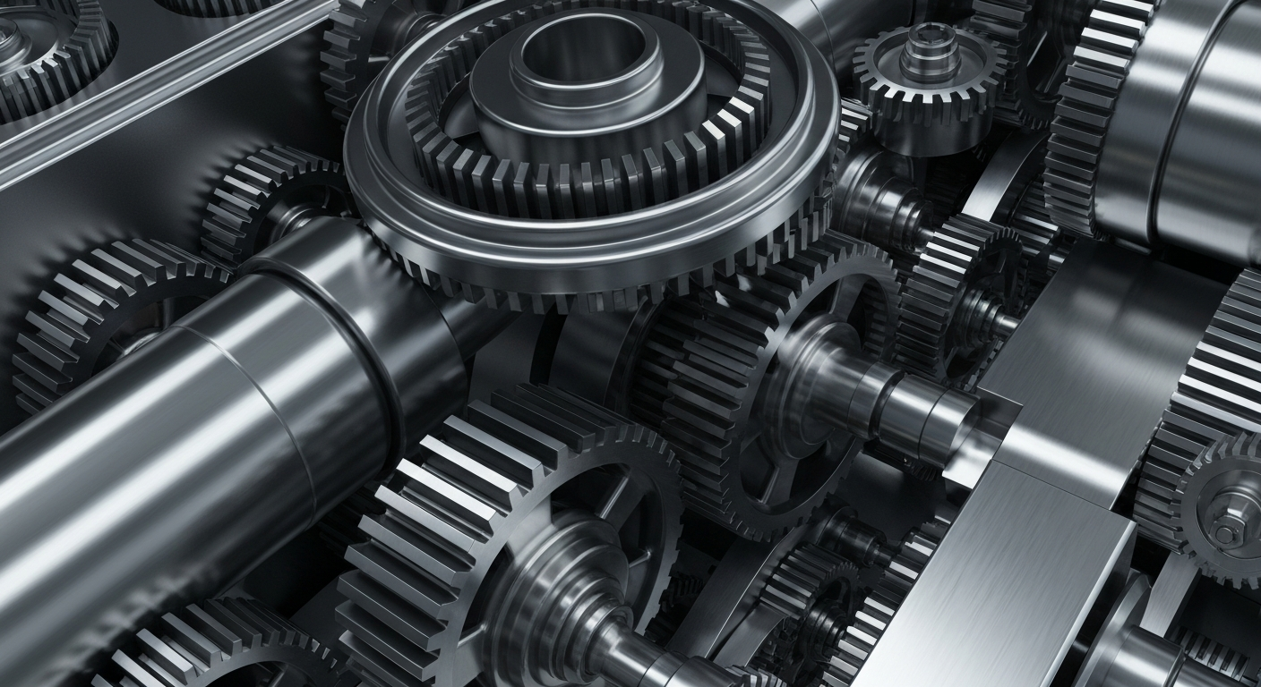 An extreme close-up of highly detailed, textured metal gears and machinery in shades of silver, steel, and black, conveying the complex, institutional nature of stock investments and wealth management.