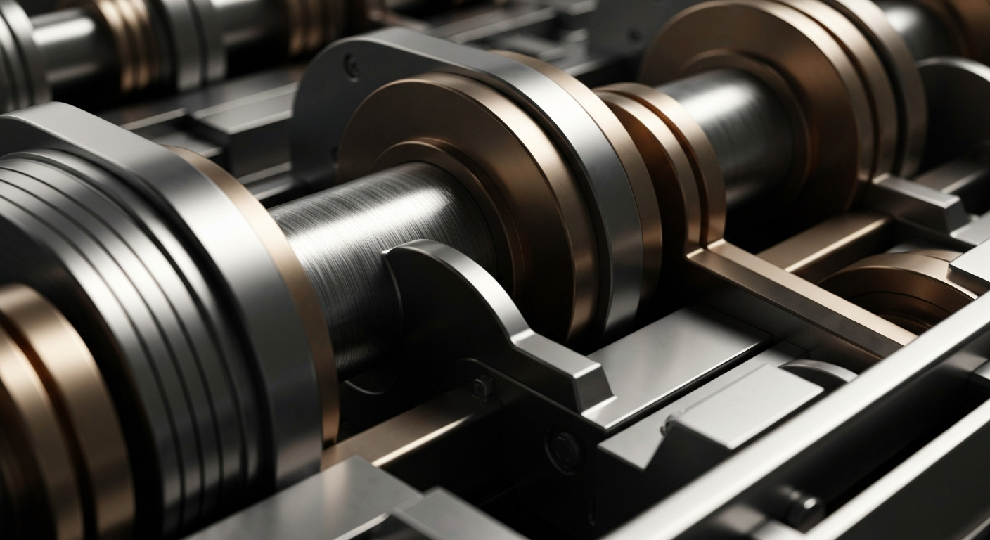 An extreme close-up of gears, levers, and other heavy metal components of a complex banking or financial system, conveying a sense of institutional strength and security without using any literal financial symbols.