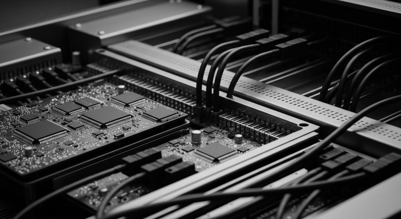 A high-contrast, black and white close-up image of complex banking machinery and infrastructure, representing the technological backbone of the financial services industry.