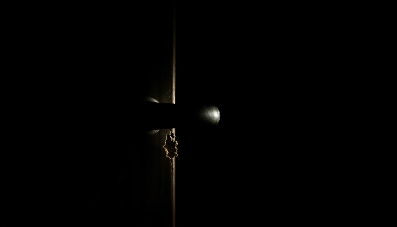 An extreme close-up photograph of a broken door handle and splintered wood, lit by a harsh, direct camera flash against a pitch-black background, conceptually illustrating the property damage caused by the 'Door Kick Challenge' trend.
