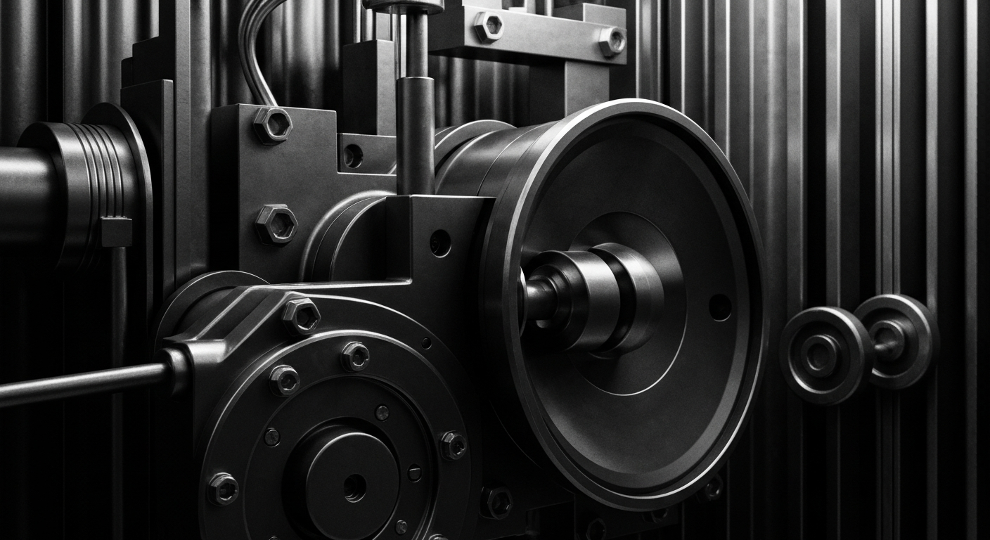 A high-contrast black and white close-up image of the complex gears, levers, and mechanisms of a large bank vault, conveying a sense of the secure, industrial nature of financial institutions.