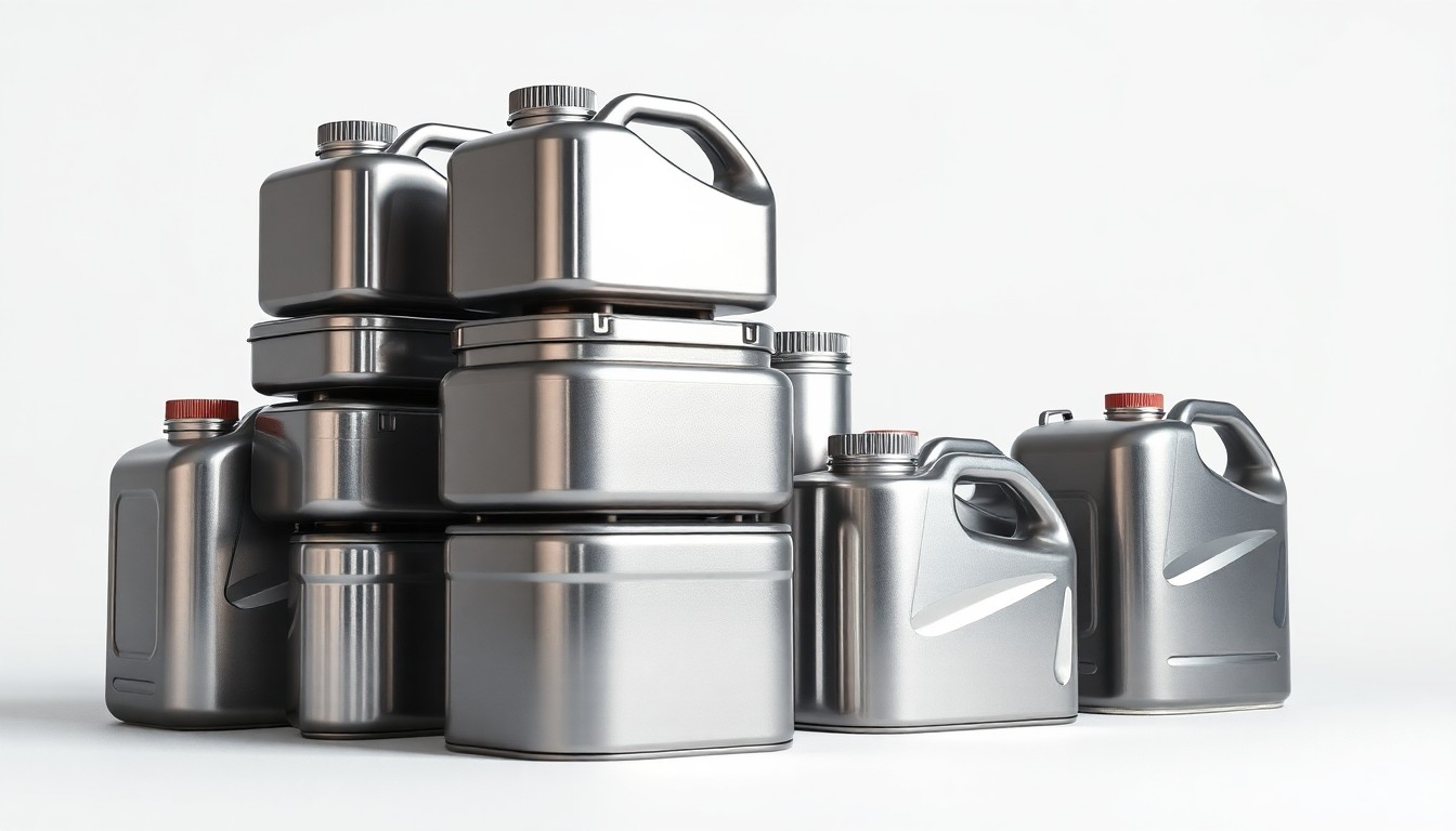 A high-end, photorealistic studio still-life photograph featuring a stack of glossy, metallic fuel cans in various shades of silver and chrome, arranged elegantly on a clean, white seamless background with dramatic lighting and shadows, conceptually representing the premium fuels and services offered at modern Sheetz convenience stores.