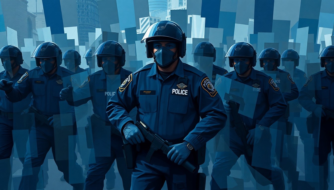 A dynamic, abstract painting featuring a blurred, repeating figure of a police officer in riot gear, conveying the sense of chaos and unrest in the city.