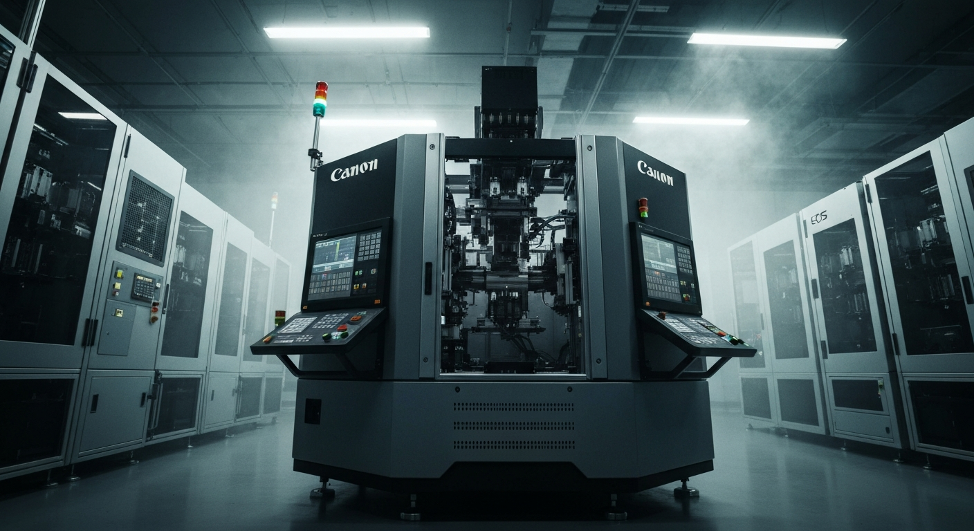 An extreme close-up of various metal components, gears, and circuits that make up the industrial machinery used in semiconductor fabrication, conveying the technical complexity and scale of Broadcom's manufacturing capabilities.