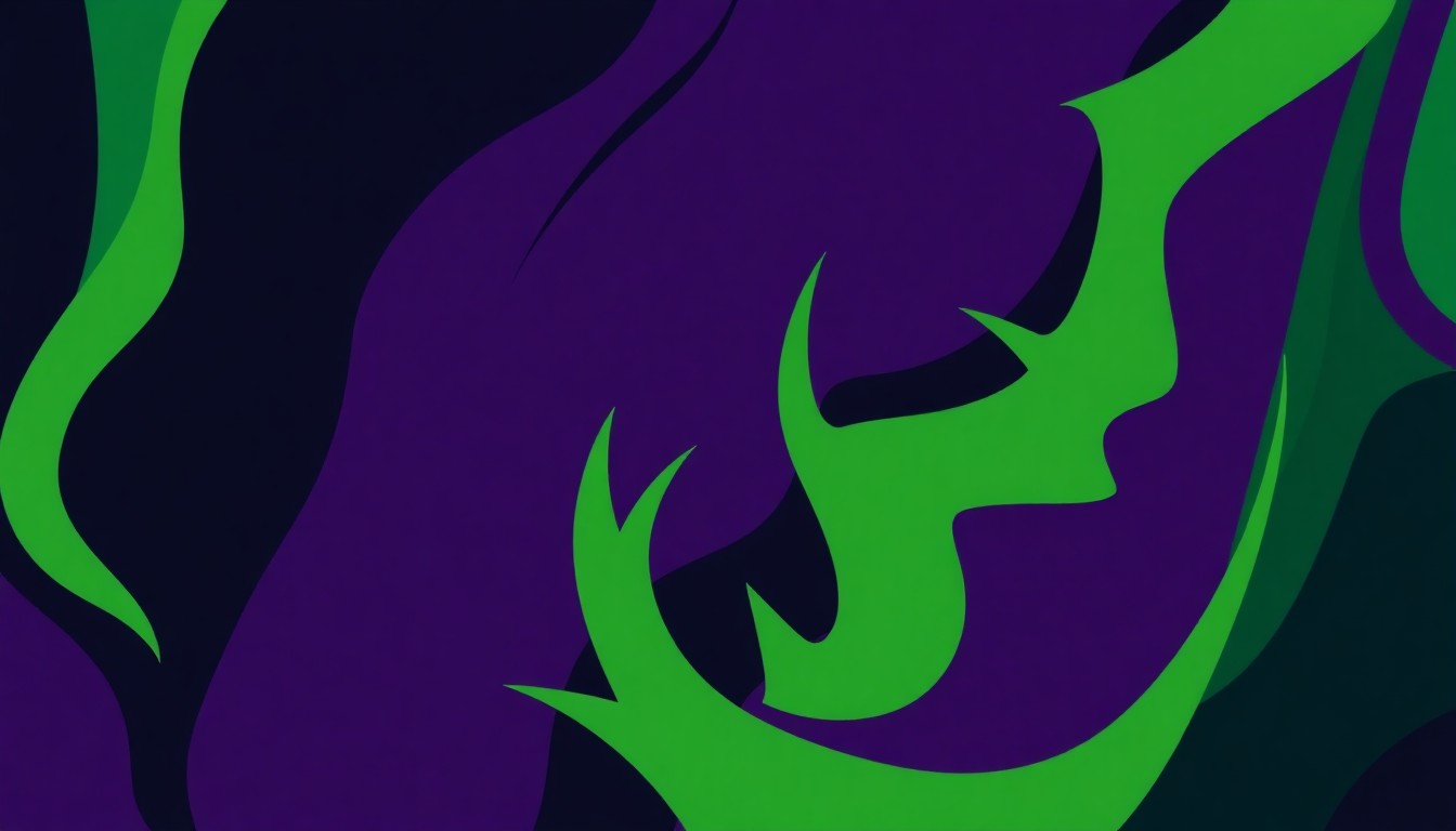 A dynamic, minimalist illustration featuring bold, angular shapes in deep greens and purples, capturing the fluid, rhythmic movements of traditional Hawaiian hula.