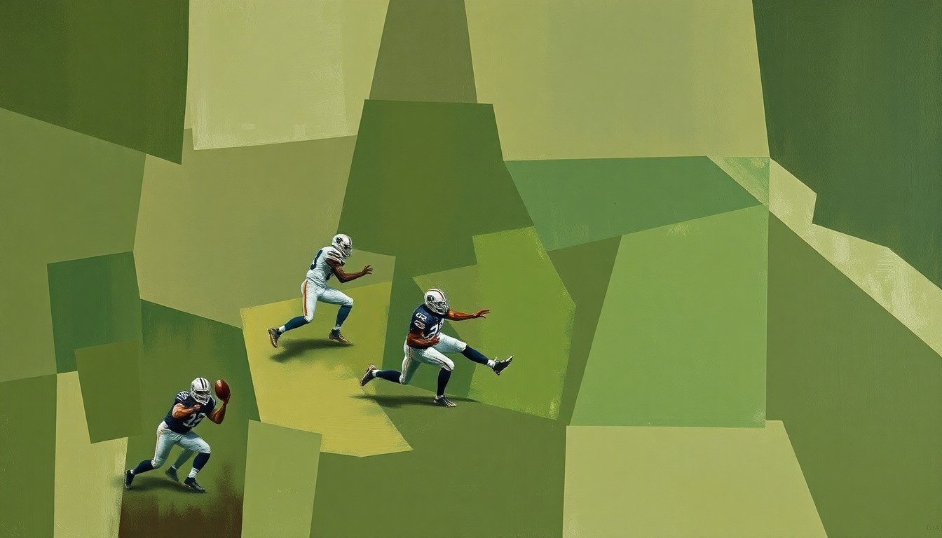 A cubist-style painting that breaks down a football scene into sharp, overlapping geometric planes in muted, earthy tones, conceptually representing the fragmented and unfulfilled nature of a former NFL quarterback's career.
