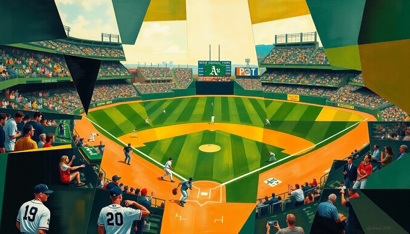 A fractured, multi-perspective painting in a cubist style, breaking down a baseball game or match into sharp, overlapping geometric planes in the colors of the Oakland Athletics team.