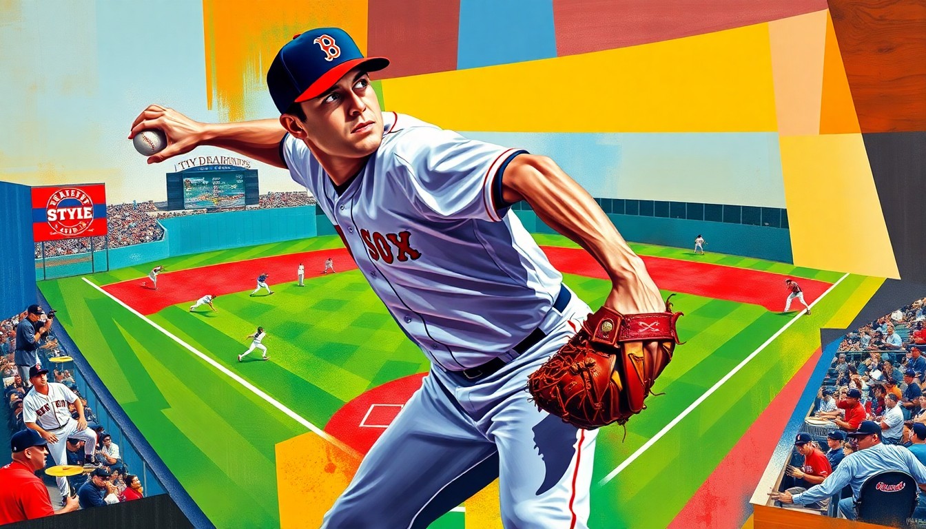 A fractured, multi-perspective painting depicting Ranger Suarez's pitching motion and the Red Sox's offensive plays, broken down into sharp, overlapping geometric planes in vibrant colors, conceptually representing the strategic and disciplined nature of the team's performance.