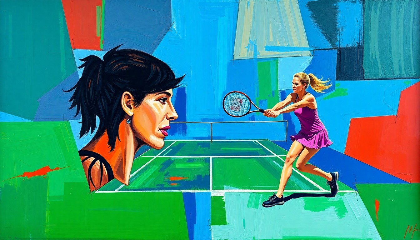 A fragmented, geometric painting in bold blues, greens, and reds, depicting the dynamic action and overlapping perspectives of a tennis match between two players, representing the evolving nature of the sport.
