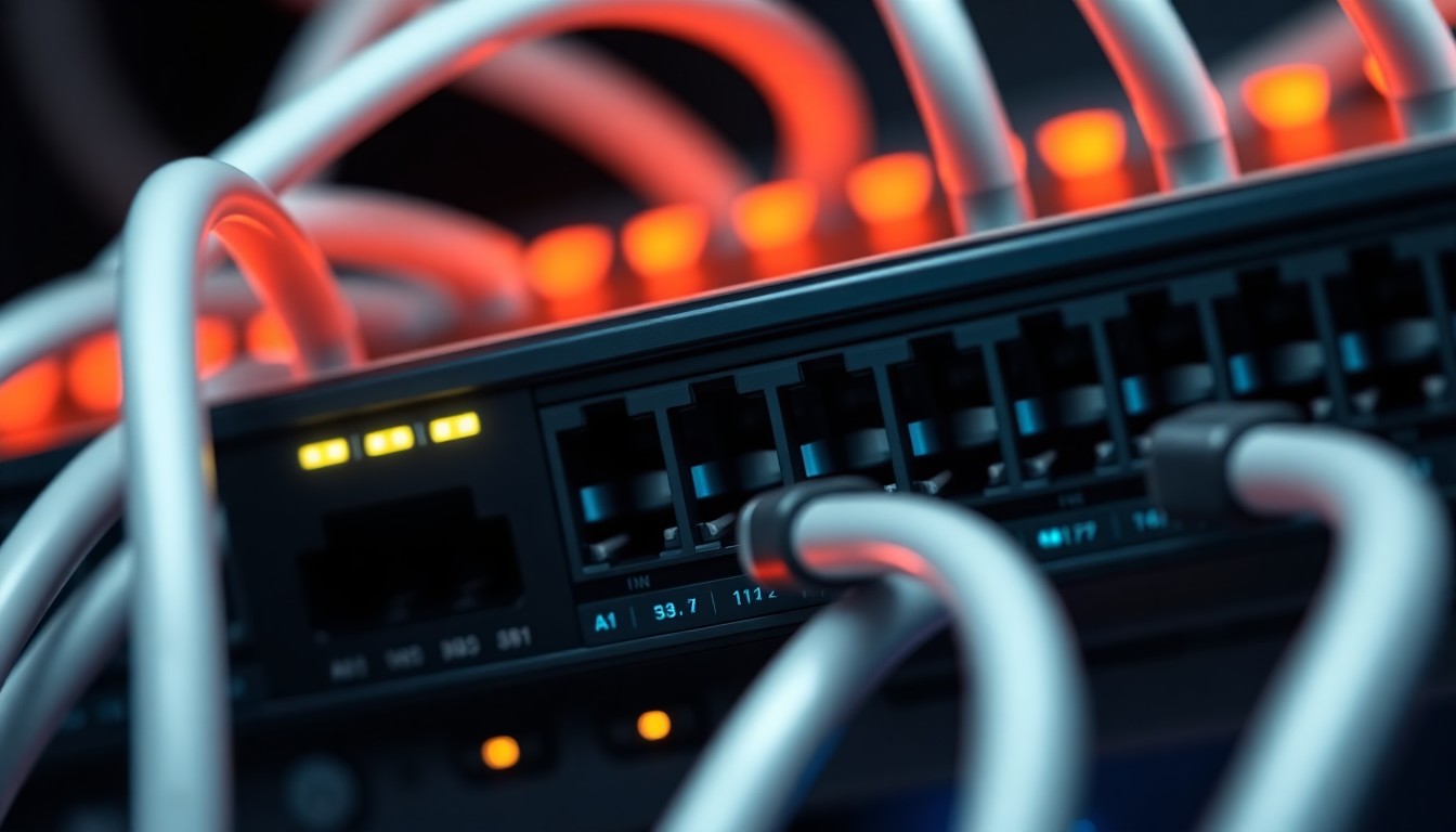 A highly detailed, 3D macro illustration of a glowing network switch or router device with illuminated ports and cables, representing the critical infrastructure vulnerabilities in F5's enterprise networking products that could lead to denial-of-service attacks on high-traffic environments.