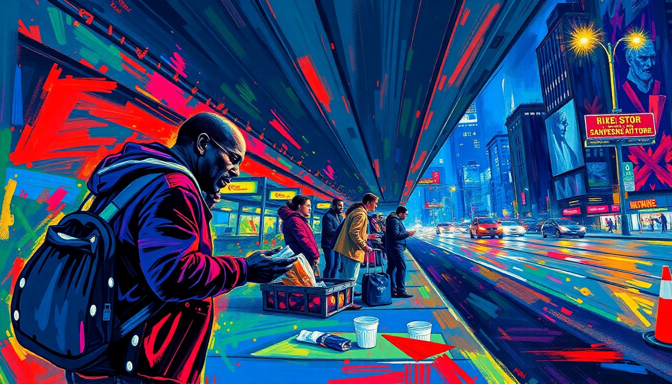 An abstract expressionist painting in vibrant neon colors, depicting the shadowy silhouettes of Dusty Baker and homeless individuals under a city overpass, capturing the compassion and energy of this unsung ritual.