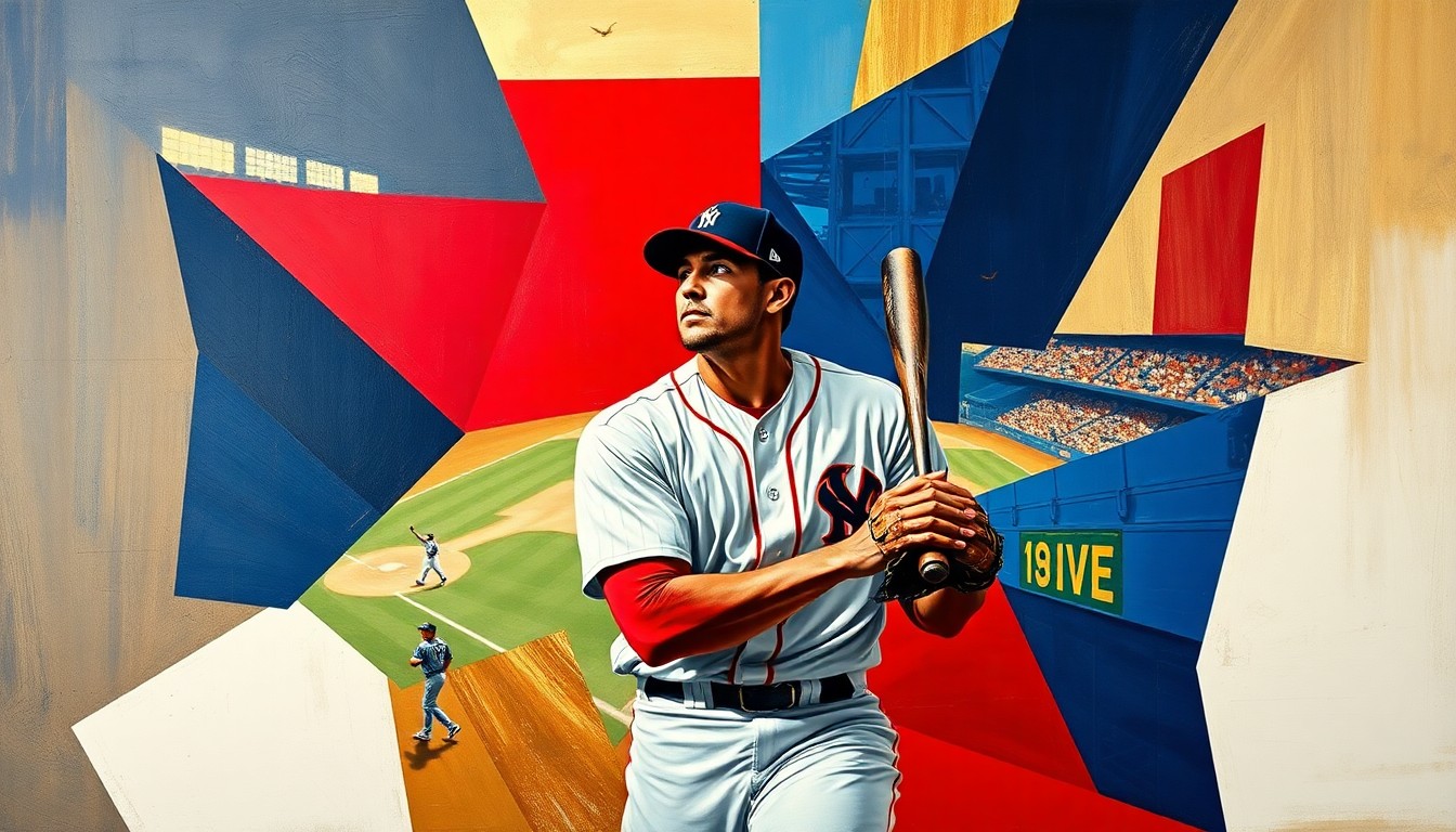 A fractured, geometric painting depicting a baseball player in the center, surrounded by a deconstructed field and stadium environment in shades of navy, crimson, and gold, capturing the raw athleticism and multiple viewpoints of the sport.