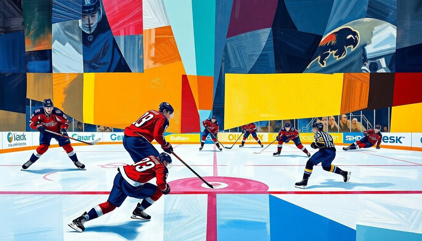 A fractured, multi-perspective painting depicting a hockey game between the Washington Capitals and Buffalo Sabres, with the players' movements and the puck's trajectory deconstructed into sharp, overlapping geometric shapes and planes in vibrant colors.