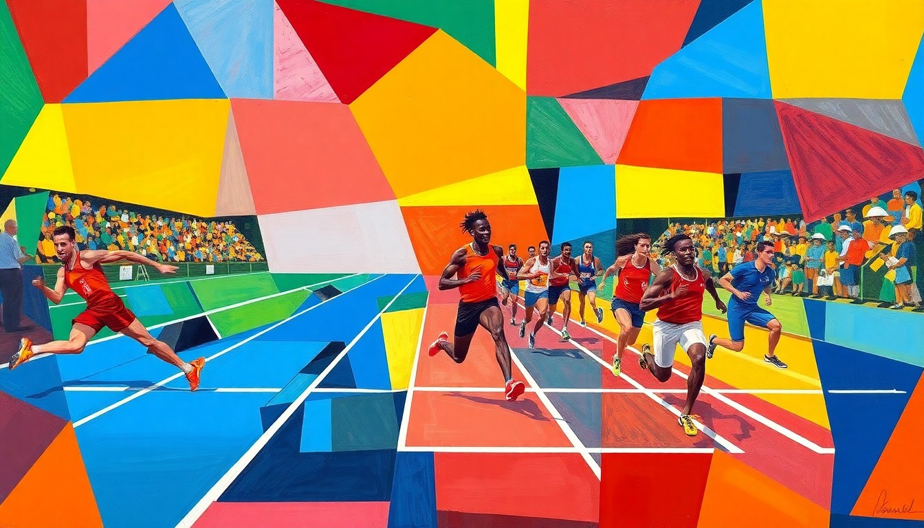 A cubist-style painting depicting a track and field competition, with the runners and events broken down into sharp, overlapping geometric shapes in a vibrant color palette, conveying the dynamic energy of the record-breaking performances.
