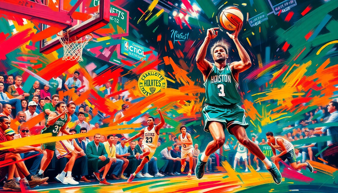 An abstract, energetic painting featuring vibrant neon brushstrokes in shades of blue, green, and orange, capturing the intensity and movement of a high-stakes basketball game between two NBA teams.
