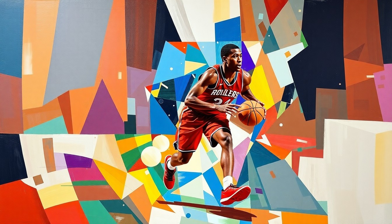A fractured, geometric painting depicting a college basketball player in motion, with sharp, overlapping planes of color representing the dynamic and unpredictable nature of the sport.