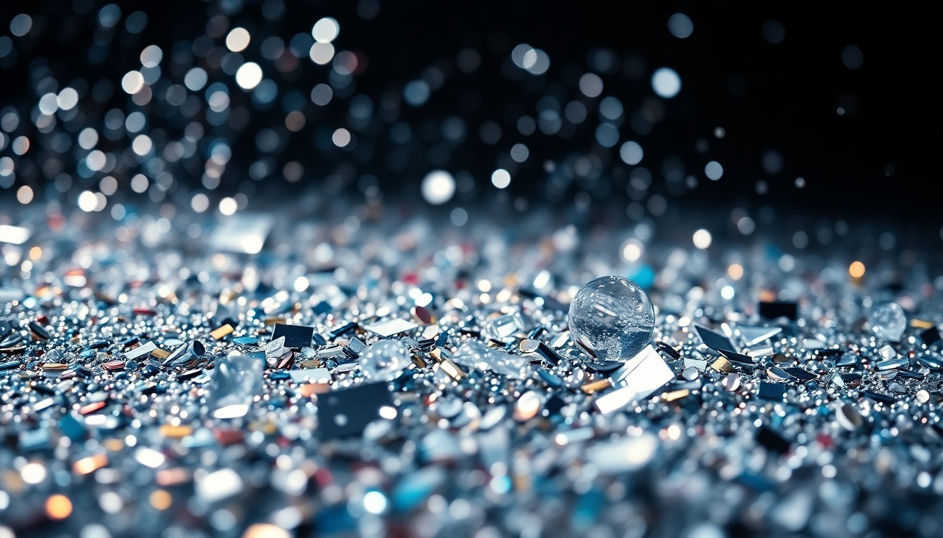 An abstract, close-up photograph of shimmering, textured materials in vibrant colors, capturing the glamour and energy of Coachella's 2026 festival.