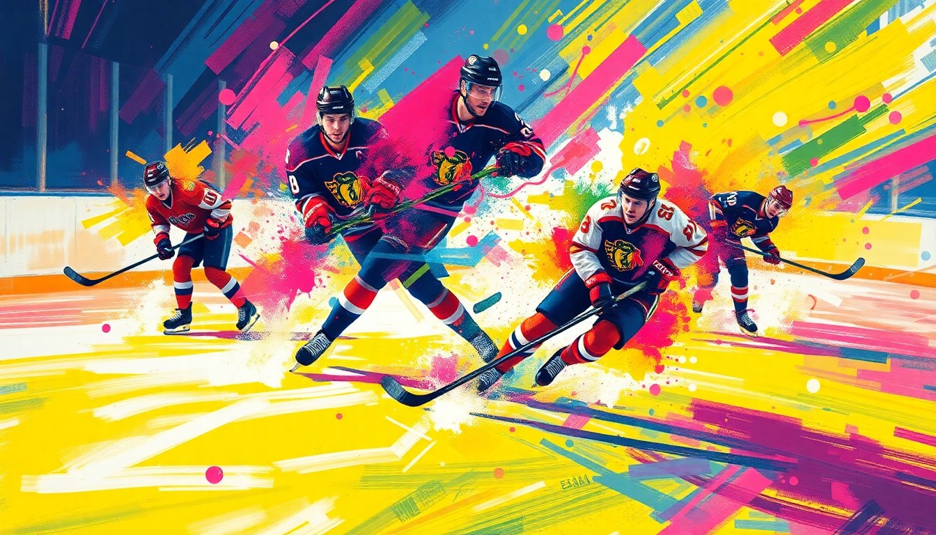 An abstract, neon-colored painting capturing the raw energy and motion of a hockey game, with players' forms dissolving into vibrant brushstrokes and splashes of color.
