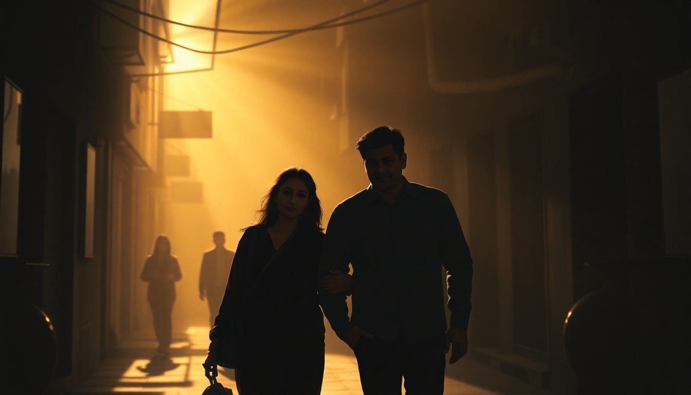 A cinematic painting depicting Parineeti Chopra and Raghav Chadha walking together in a dimly lit urban setting, with warm sunlight and deep shadows creating a nostalgic, contemplative mood that reflects the interplay between their personal and political lives.
