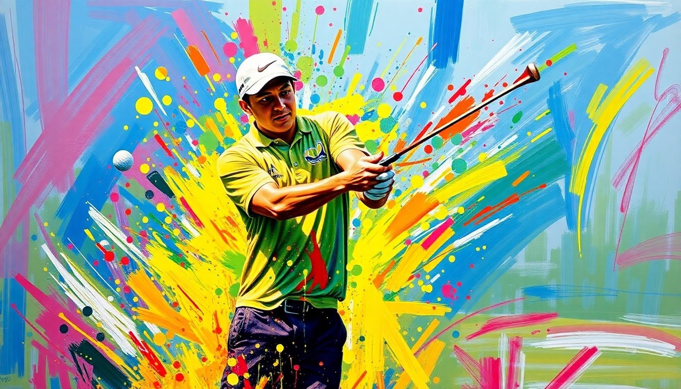 An explosive, expressionist painting in neon colors capturing the dynamic motion and emotion of Anthony Kim's clutch putt on the 18th hole, with the golfer's face and details dissolved into unrecognizable splatters of paint.