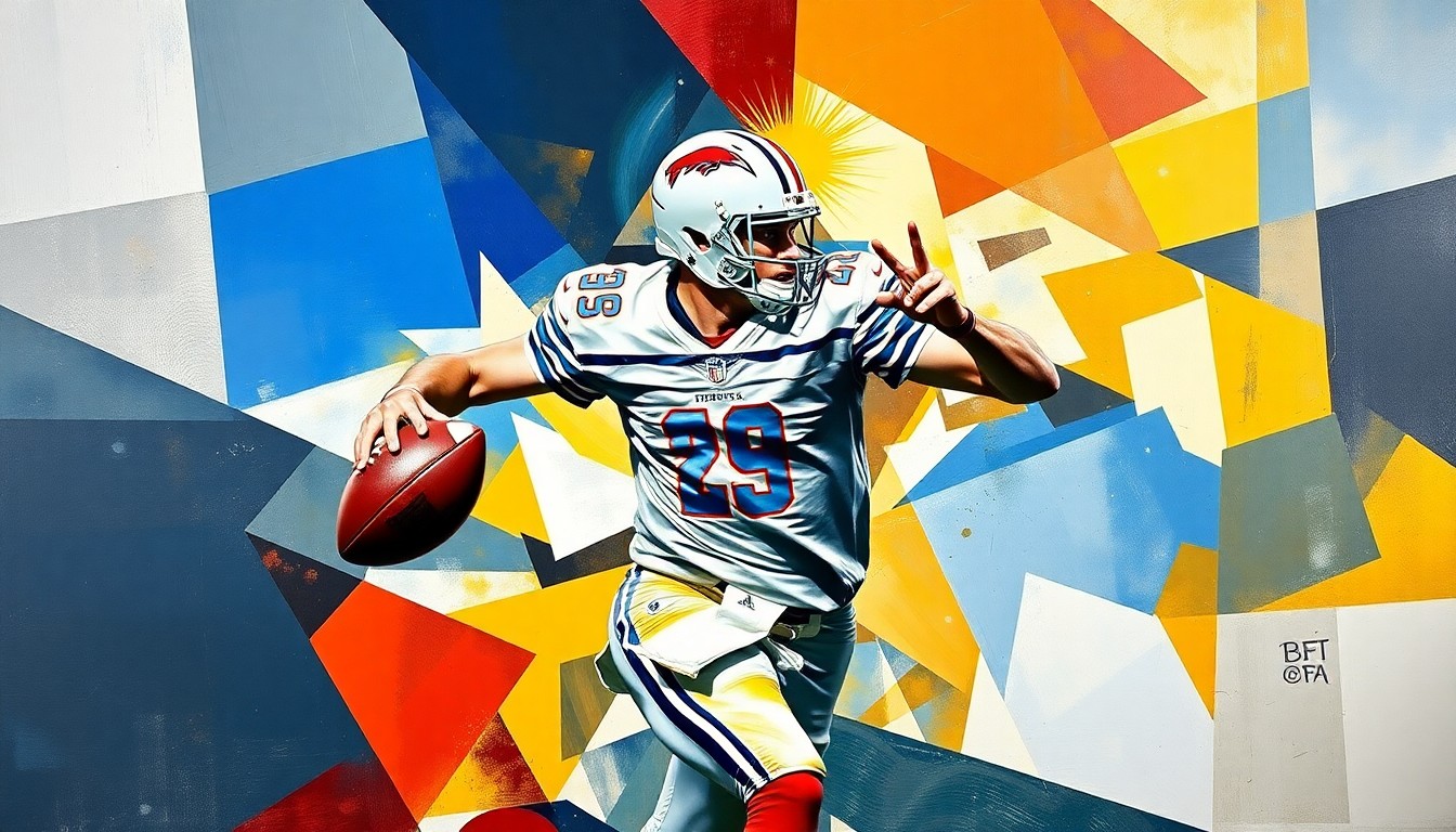 A cubist-style painting depicting a football quarterback in motion, broken down into sharp, overlapping geometric shapes and planes of color, conveying the uncertainty and fragmentation of Mahomes' injury recovery.