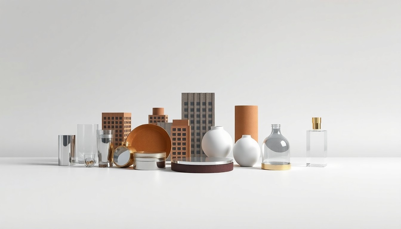 A photorealistic studio still life featuring a collection of premium, polished objects arranged elegantly on a clean, monochromatic background, representing the abstract concepts of real estate development, urban planning, and community investment in Lowell.