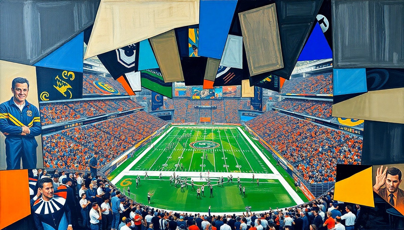 A cubist, geometric painting depicting a Florida Gators football game, with the players and field broken down into sharp, overlapping shapes and planes of color, conveying the intensity and dynamism of the team's new direction.