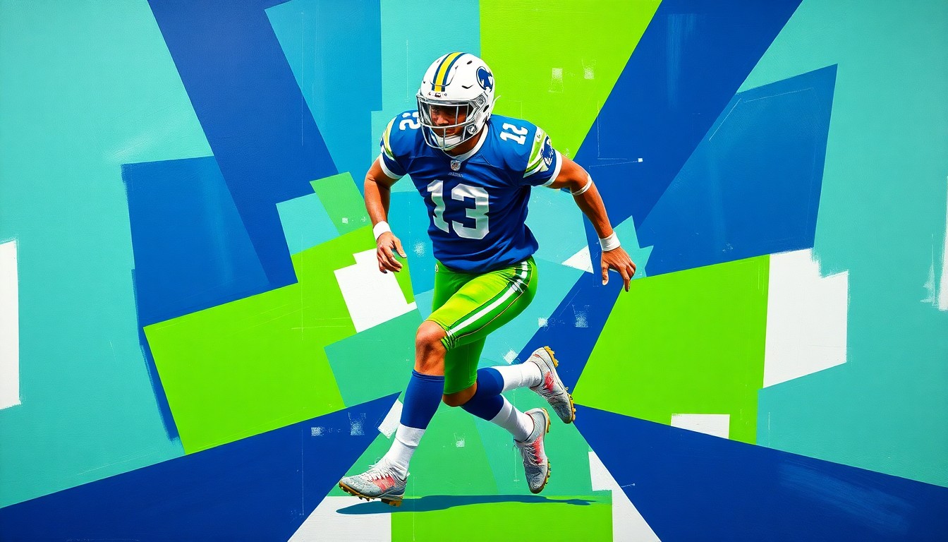 A fractured, cubist-style painting depicting a football player in mid-stride, with sharp, overlapping geometric shapes in navy blue, lime green, and bright white, conveying a sense of movement and uncertainty around the player's draft prospects.