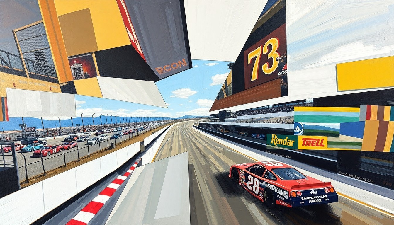 A cubist, geometric painting depicting the ARCA Menards West Series race at Tucson Speedway, with overlapping planes and fragmented perspectives capturing the dynamic energy of the event.