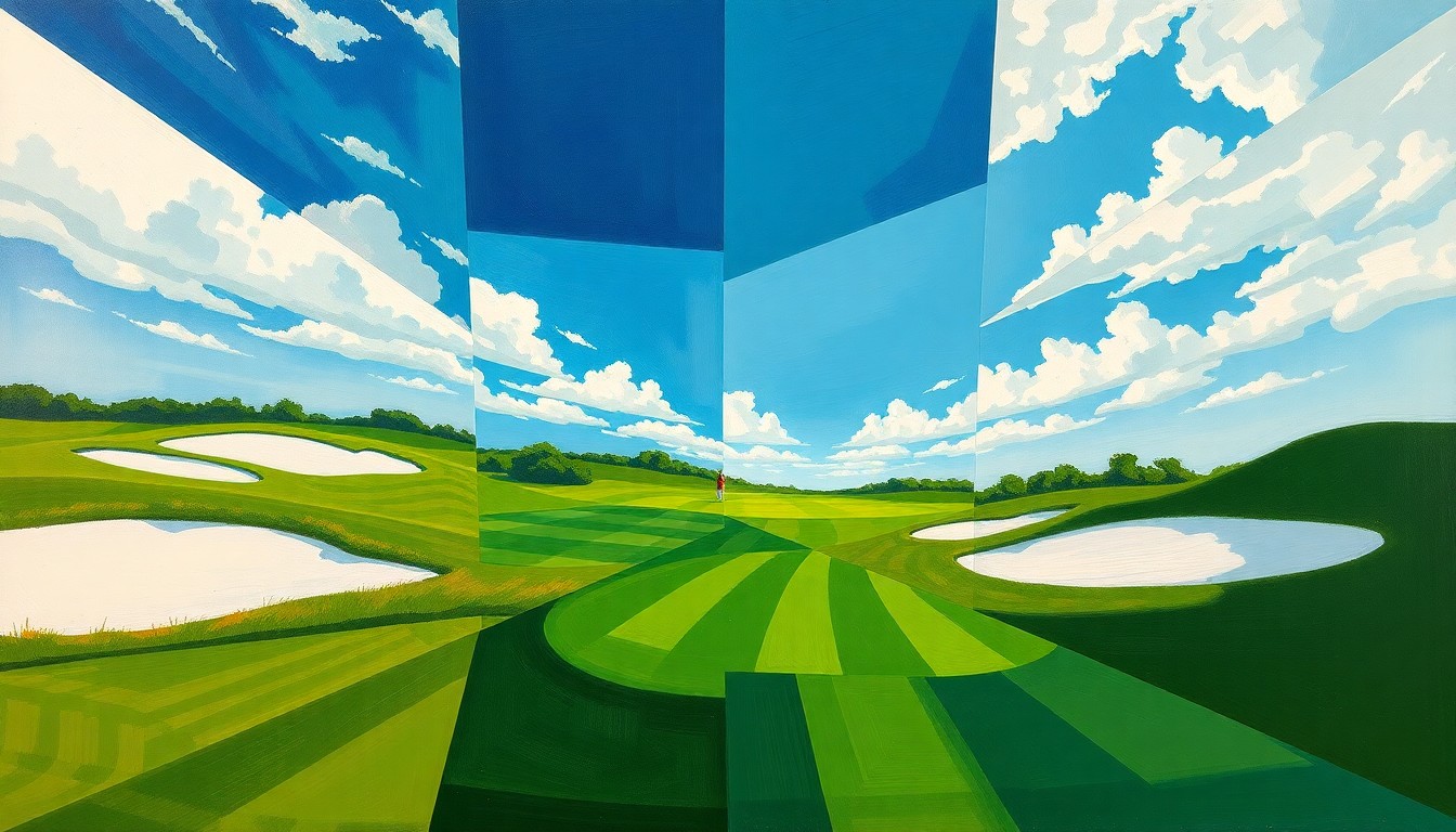 A fragmented, geometric painting depicting a Ryder Cup golf match, with sharp planes of green, white, and blue representing the fairways, bunkers, and sky. The abstract, multi-perspective style conceptually captures the intense energy and competitive spirit of the event.