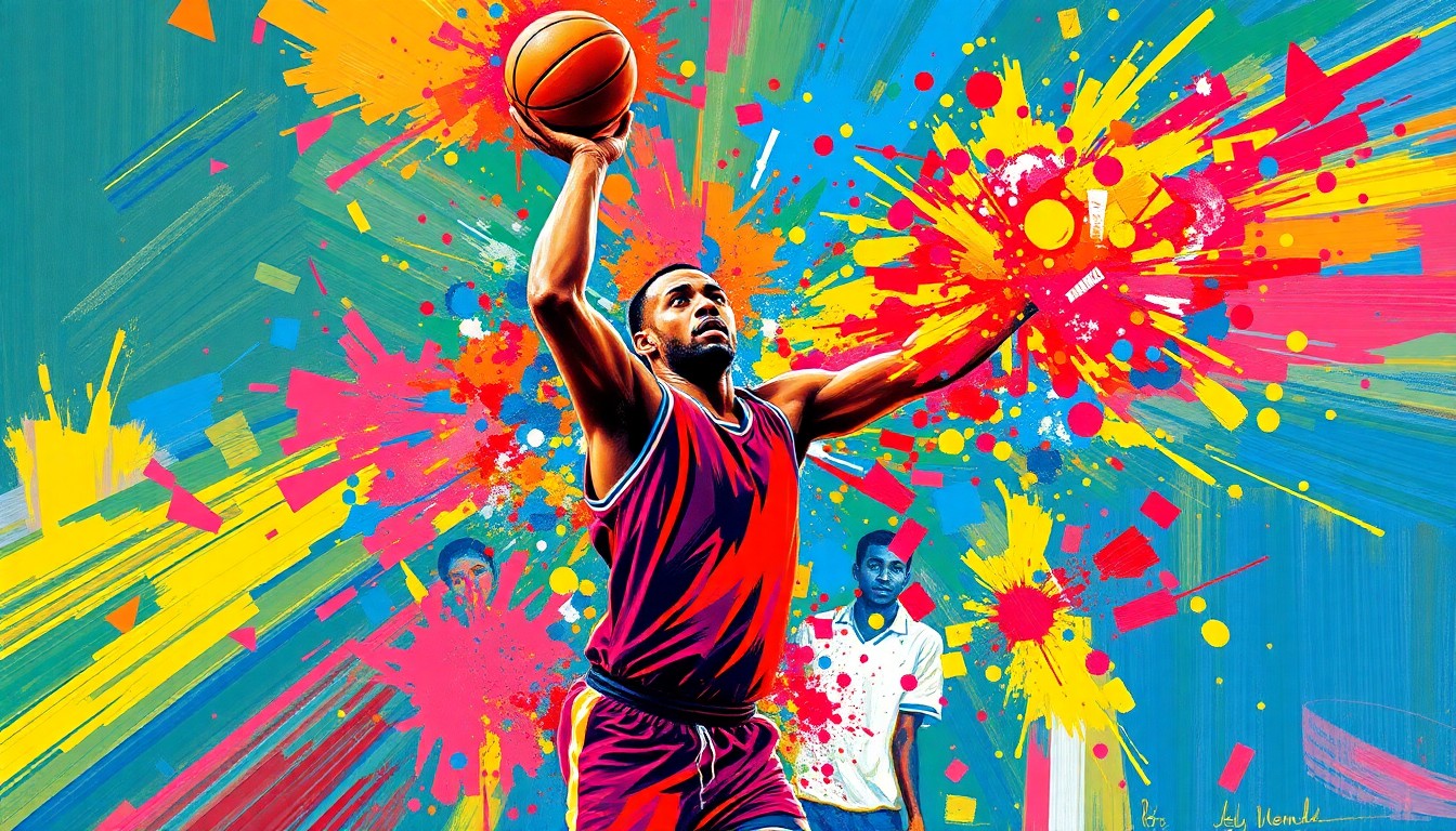 An abstract, energetic painting in vibrant neon colors depicting the dynamic motion of a basketball player in mid-shot, with the ball and player's form dissolving into expressive brushstrokes.