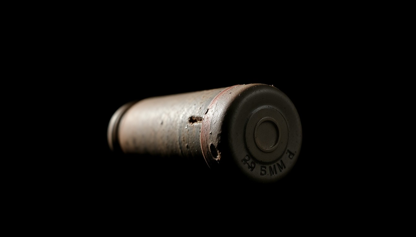 An extreme close-up photograph of a rusted, corroded metal object against a dark background, conceptually representing the discovery of a live explosive round in a traveler's luggage.
