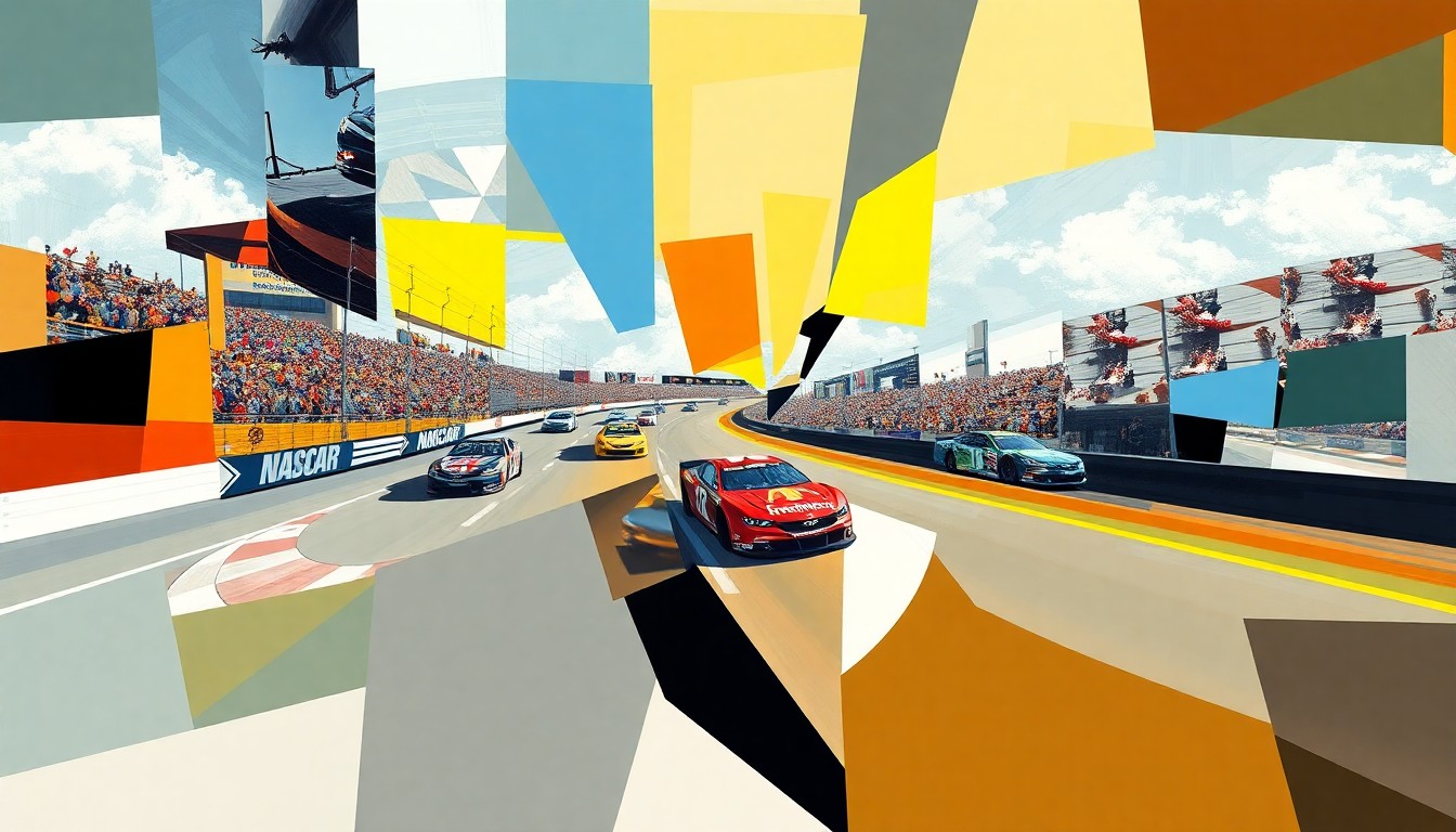 A fractured, cubist-style painting depicting a NASCAR race scene, with sharp geometric planes and overlapping perspectives that convey the fusion of digital and traditional racing elements.
