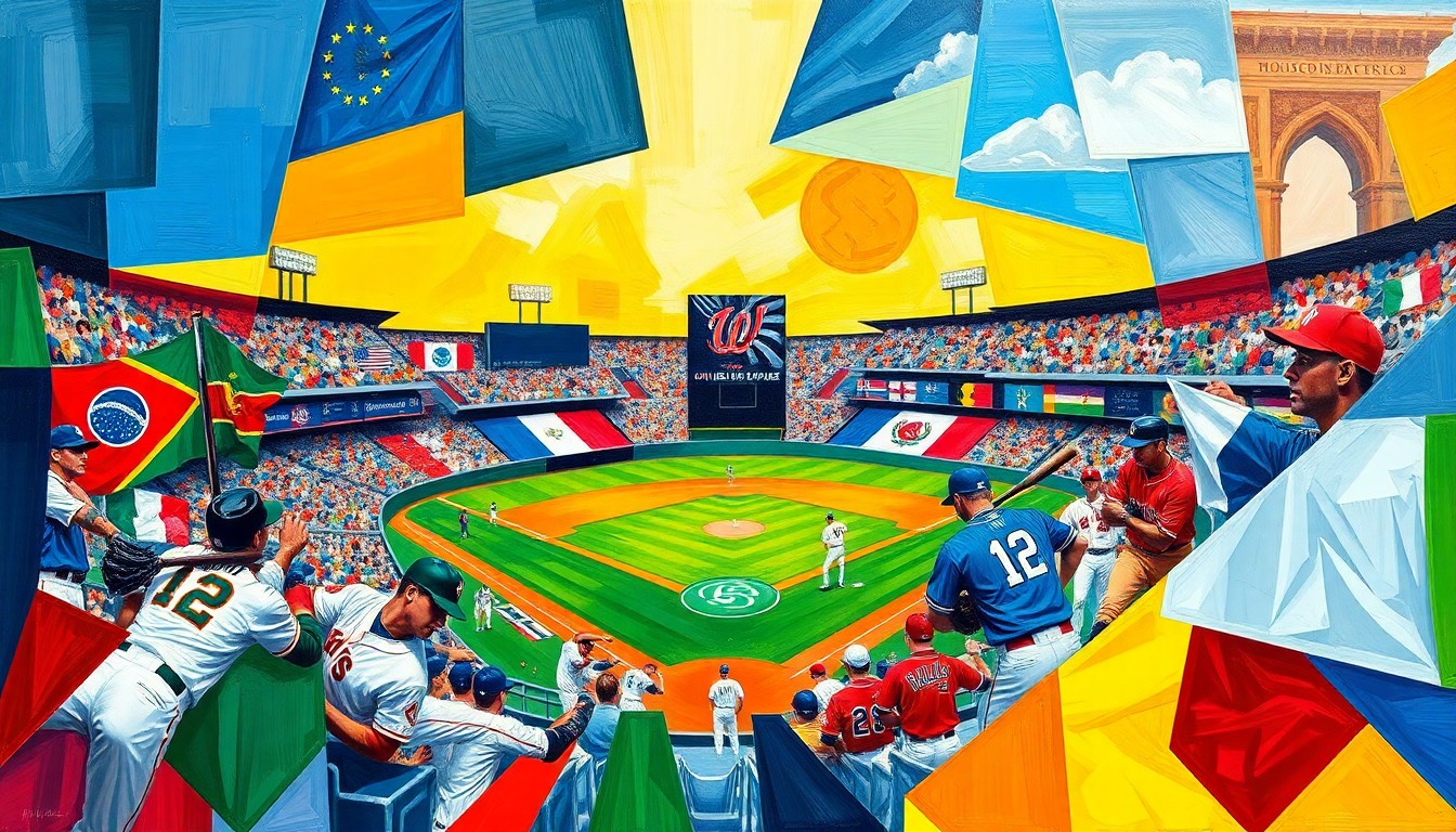 A cubist-style painting depicting a World Baseball Classic game, with the field and players broken down into sharp, overlapping geometric shapes in a vibrant color palette representing the competing nations.