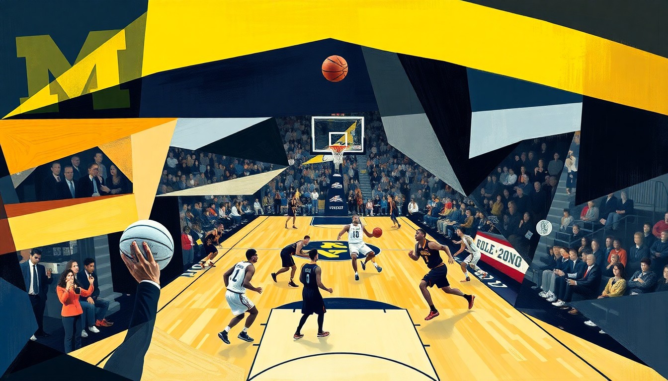 A fractured, multi-perspective painting depicting the energy and movement of a basketball game between two teams, with the players and court rendered in a cubist style using sharp, overlapping geometric planes in a vibrant color palette.