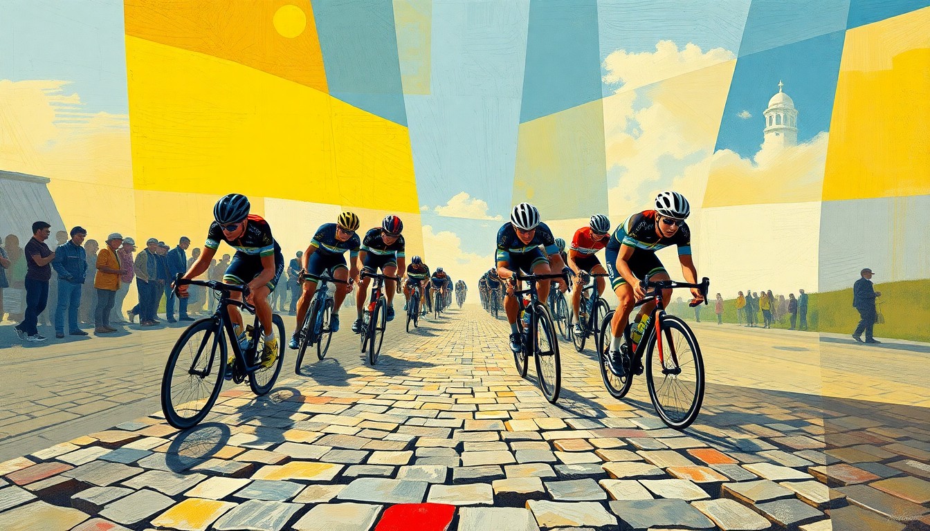 A cubist, geometric painting depicting the Paris-Roubaix cycling race, with the Lidl-Trek team's 'double-bubble' tires as the central focus, surrounded by the distinctive cobblestone sections of the course.
