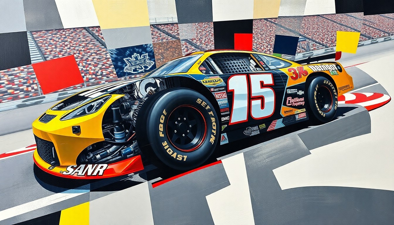 A fractured, geometric painting depicting the core elements of a NASCAR car, with a focus on the tires and the challenges of tire management during a race at Darlington Raceway.