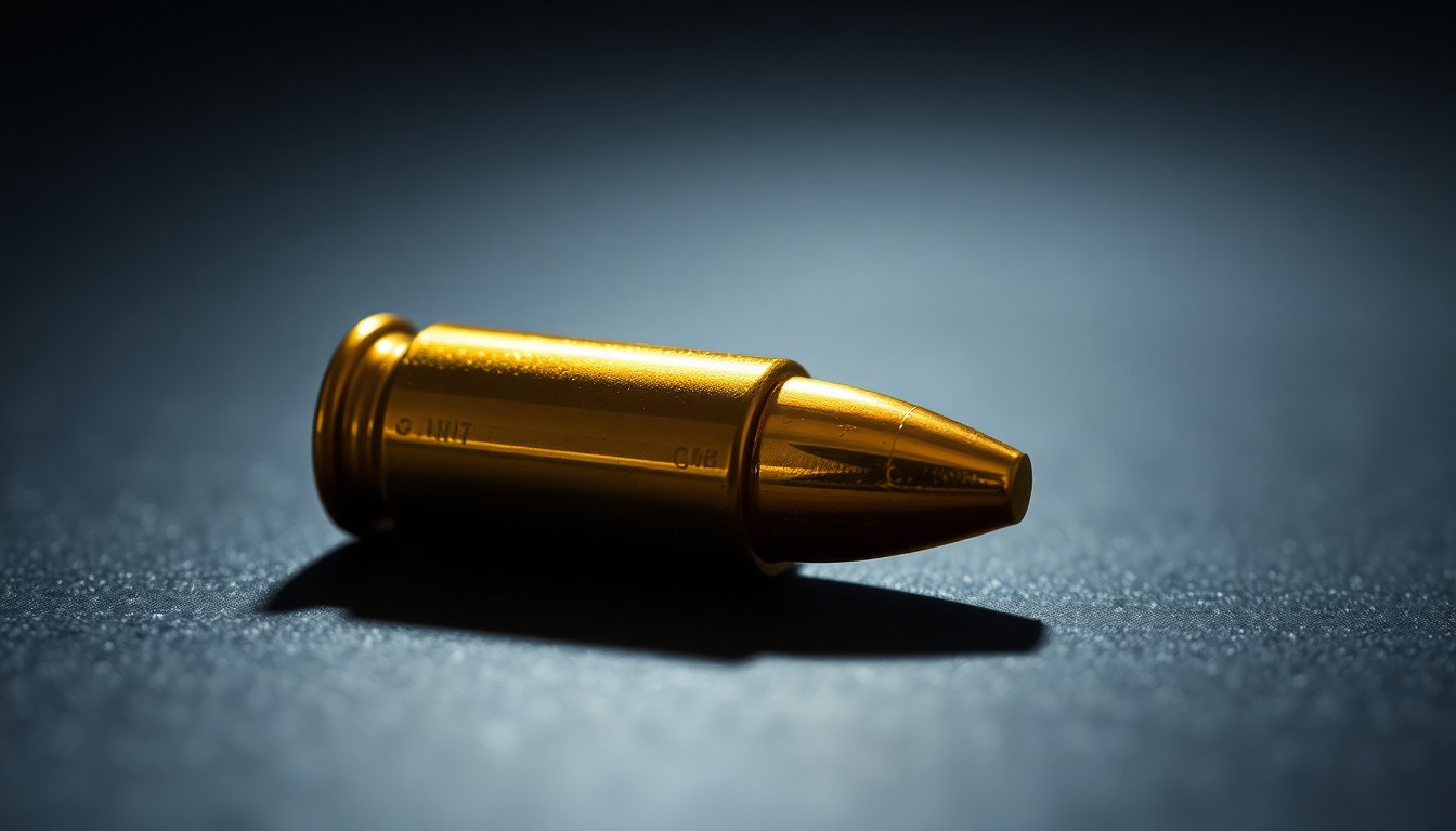 An extreme close-up photograph of a single bullet casing on a dark surface, lit by a harsh, direct camera flash, conceptually illustrating the aftermath of a shooting incident.