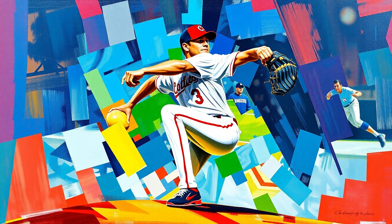 A cubist-style painting depicting a baseball pitcher's motion broken down into sharp, overlapping geometric shapes in the team colors of the Cleveland Guardians, conceptually representing the fragmented nature of the alleged betting scandal.