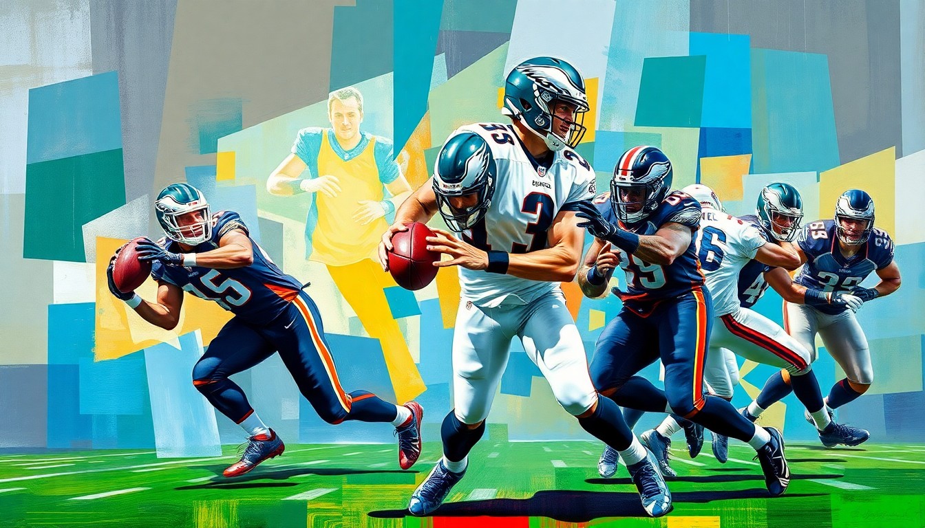 A fragmented, geometric painting depicting a defensive back in motion, with sharp planes of color representing the player's uniform and the football field, conveying the dynamic nature of the sport.