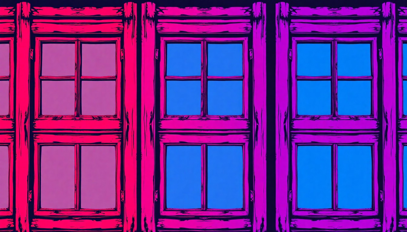 A bold, colorful silkscreen print featuring a repeating pattern of a vintage wooden window frame with intricate trim, capturing the historic charm of the restored Cole House in an abstract, pop art style.